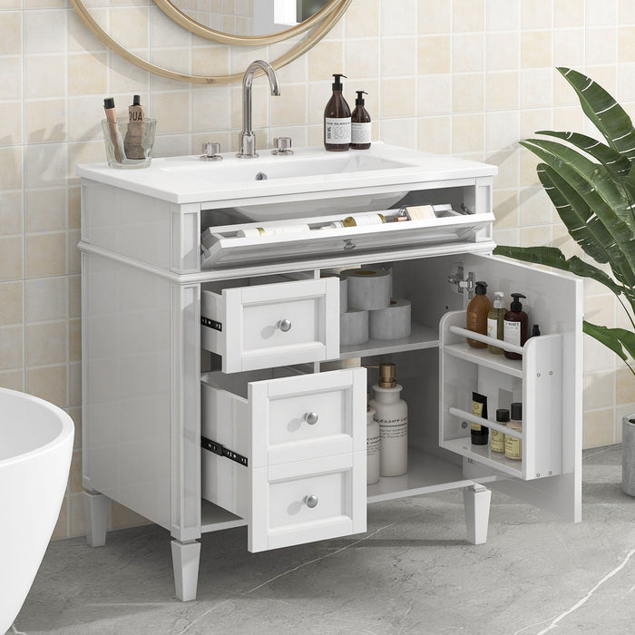 Modern Giga bathroom vanity with top sink, two drawers, and tip-out drawer for stylish bathroom storage.