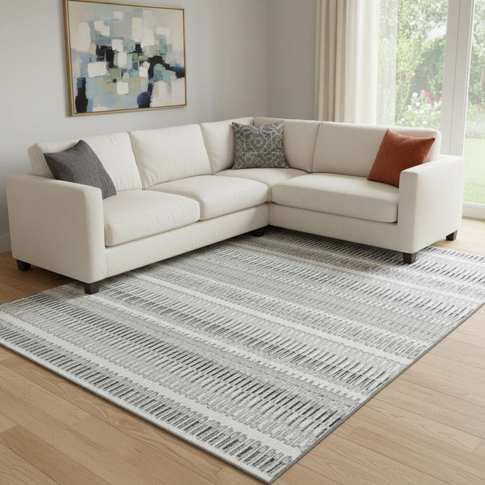 10' X 14' Striped Washable Area Rug With UV Protection (650488) - Ivory / Gray