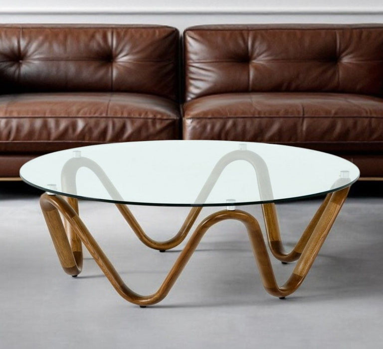 45" Glass And Solid Wood Round Coffee Table - Clear And Brown