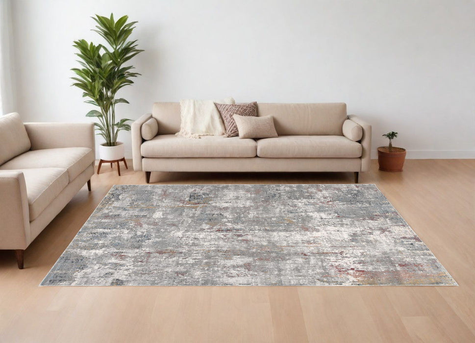 9' x 12' Abstract Washable Non Skid Area Rug - Gray Red And Ivory