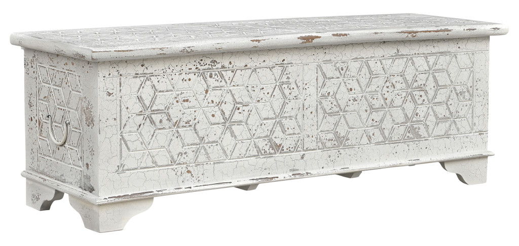 Solid Wood Geometric Storage Ottoman - White / Rustic