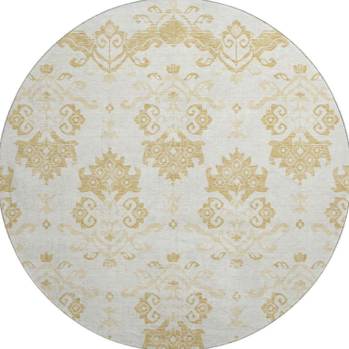 8' Medallion Washable Round Rug With UV Protection - Gold And Beige