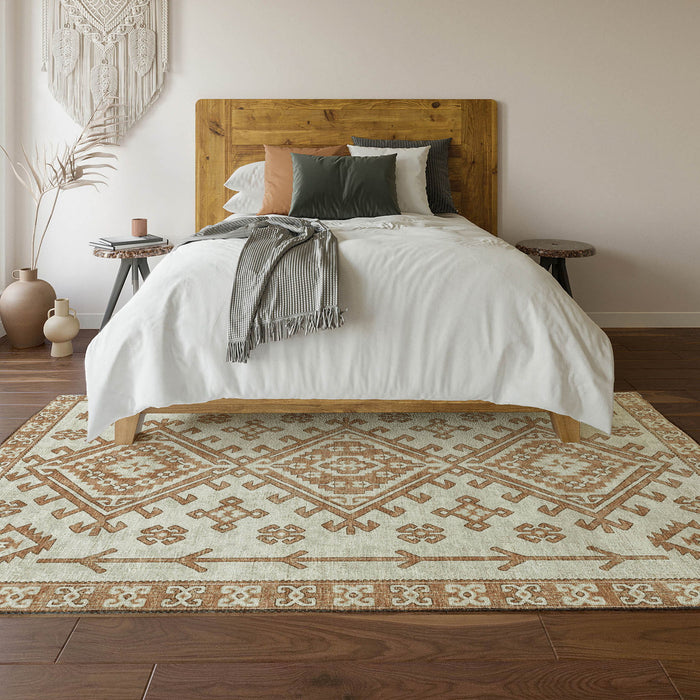 10' X 14' Geometric Washable Area Rug With UV Protection - Burnt Sienna And Beige