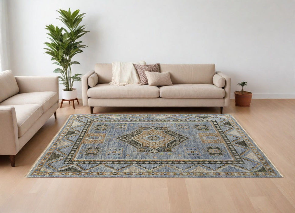 10' x 14' Wool Oriental Hand Knotted Area Rug With Fringe - Ivory Tan And Blue