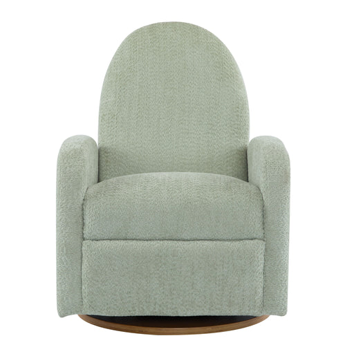 Giga contemporary 360 swivel and glider recliner chair in soft fabric with cushioned armrests and plush seating.