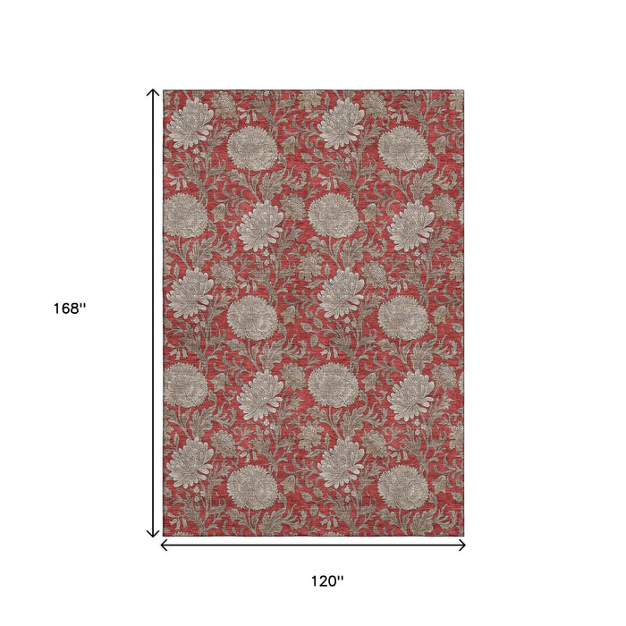 10' X 14' Floral Washable Area Rug With UV Protection (655812) - Red / Beige