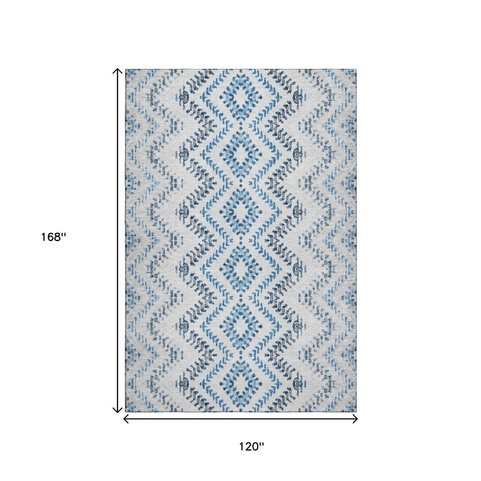 10' X 14' Geometric Washable Area Rug With UV Protection (656106) - Blue / Ivory