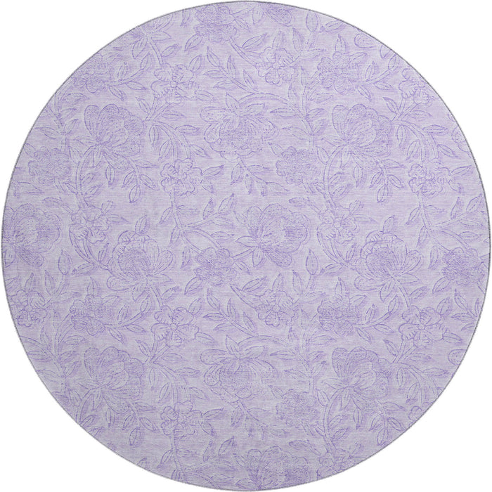 8' Floral Washable Round Rug With UV Protection - Lilac And Ivory