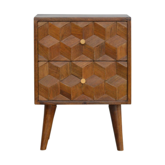 22" Solid Wood Carved Geometric Two Drawer Nightstand - Chestnut