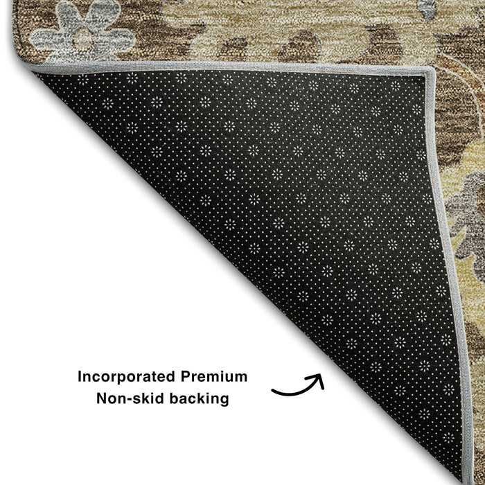 8' Floral Medallion Washable Round Rug With UV Protection - Chocolate