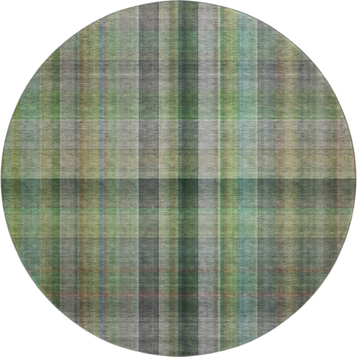 8' Plaid Washable Round Rug With UV Protection (648505) - Green / Gray