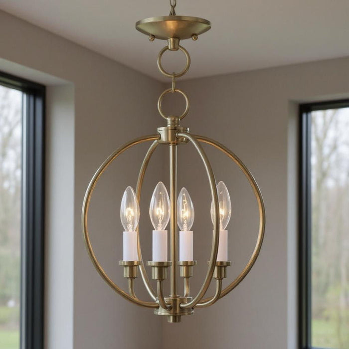 Four Light Metal Dimmable Chandelier With Shades - Brass / White