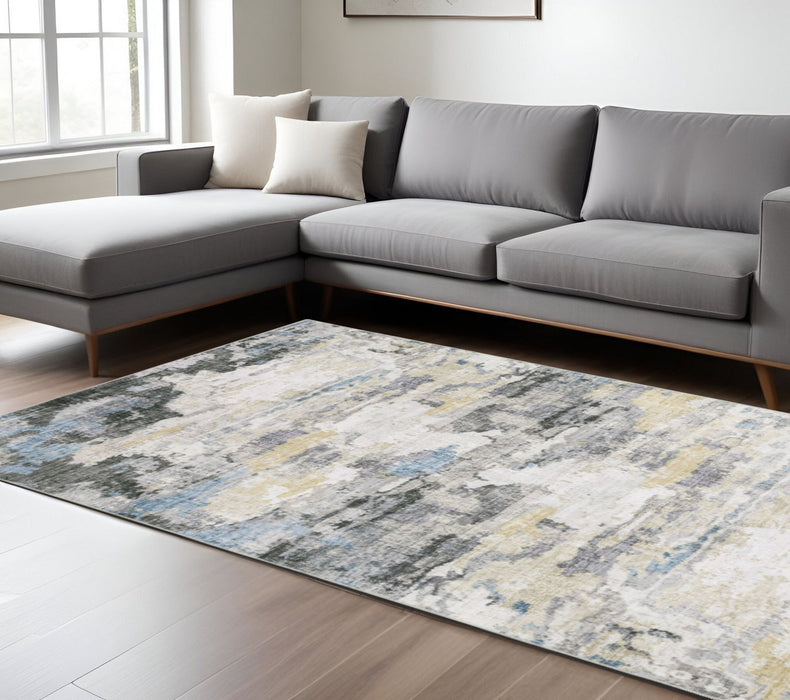 8' x 10' Abstract Printed Stain Resistant Non Skid Area Rug - Gray Blue Charcoal Ivory Yellow Beige And Tan