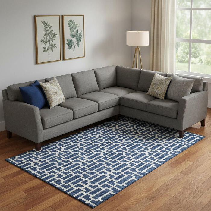 10' X 14' Geometric Washable Area Rug With UV Protection (672839) - Navy Blue / Ivory