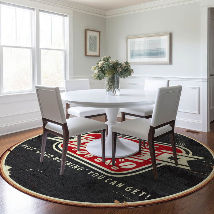 8' Geometric Washable Round Rug With UV Protection - Midnight And Ivory