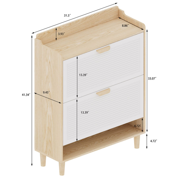 Giga shoe storage cabinet with 2 flip drawers, compact entryway organizer in natural and white finish, ideal for organizing shoes.