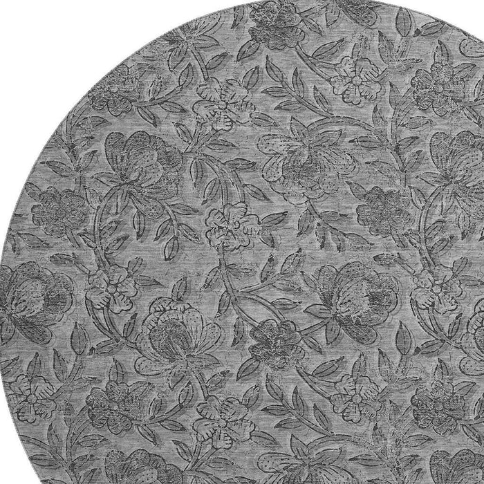 8' Floral Washable Round Rug With UV Protection - Gray And Charcoal