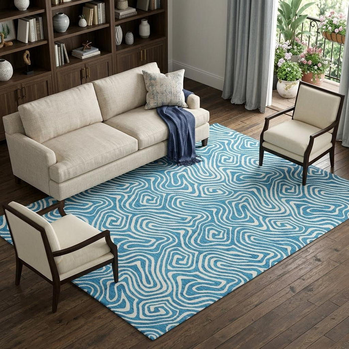 10' X 14' Abstract Washable Area Rug With UV Protection (680915) - Teal / Ivory