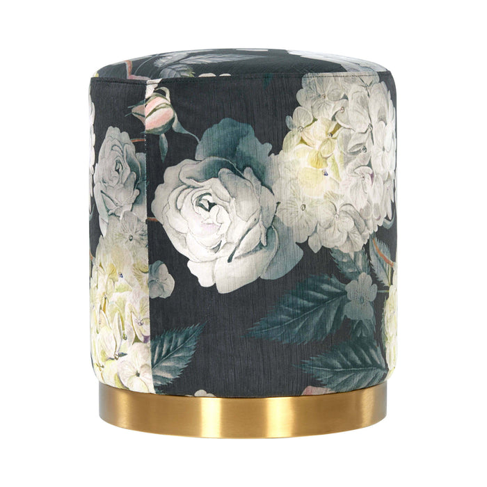 Dark gray floral velvet ottoman with gold base by TOV Furniture, showcasing plush upholstery and elegant design.
