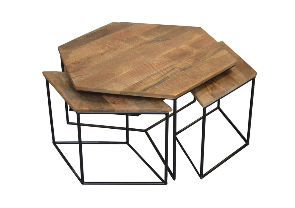 Set of four geometric wooden nesting coffee tables by HomeRoots in brown and black with modern, angular design.
