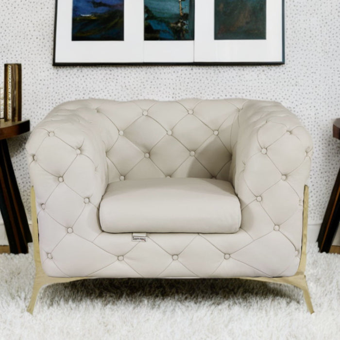 Italian Leather Tufted Chesterfield Chair - Beige And Gold