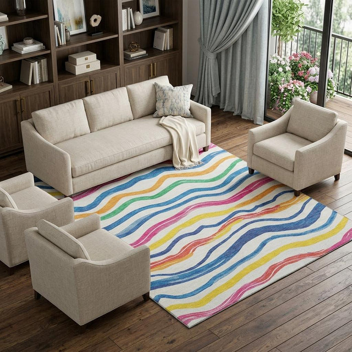 10' X 14' Striped Washable Area Rug With UV Protection (694562) - Ivory / Blue / Yellow / Pink