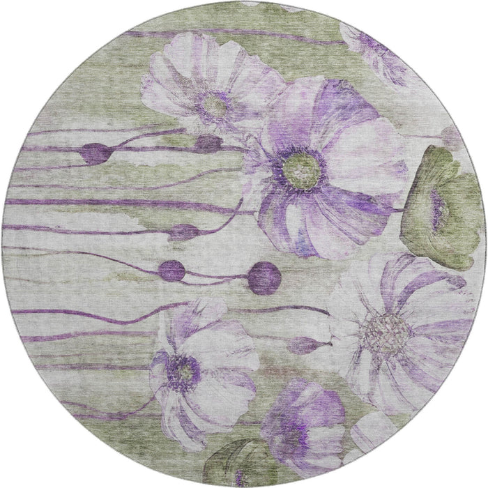 8' Floral Washable Round Rug With UV Protection (657314) - Purple / Green / Ivory