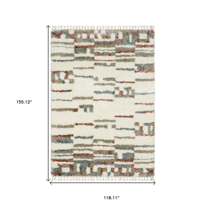10' X 13' Abstract Shag Distressed Area Rug With Fringe - Tan