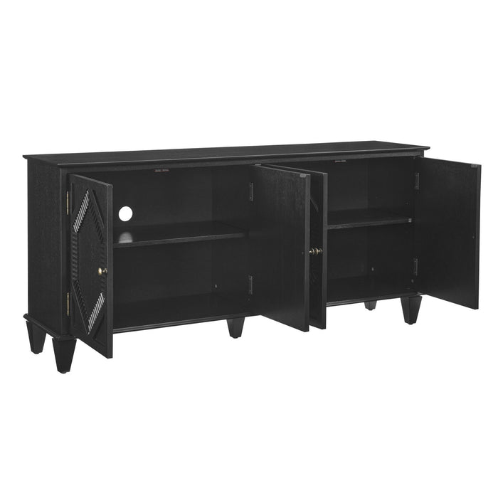 Wood Carved Geometric Accent Cabinet With Four Doors - Black