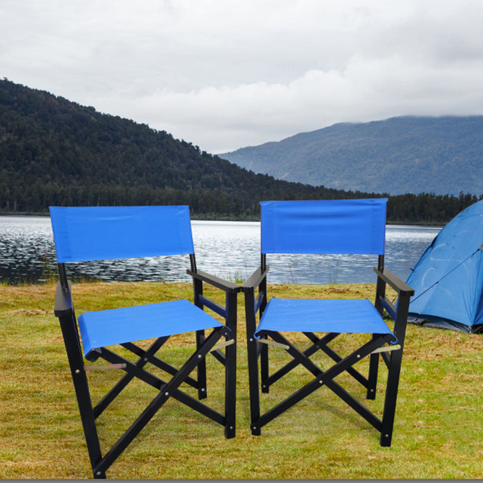 Set of two Giga wooden director folding chairs with blue canvas seats and backs, lightweight and portable for indoor or outdoor use.