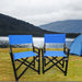 Set of two Giga wooden director folding chairs with blue canvas seats and backs, lightweight and portable for indoor or outdoor use.
