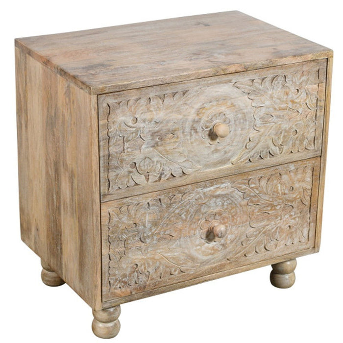 24" Two Drawer Distressed Carved Floral Solid Wood Nightstand - Natural
