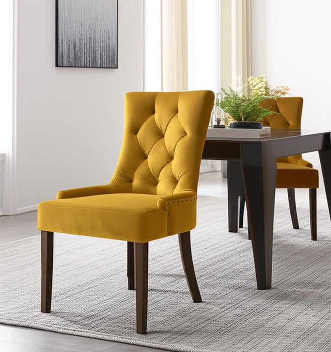 Tufted And Upholstered Velvet And Solid Wood Dining Side Chairs (Set of 2) - Yellow