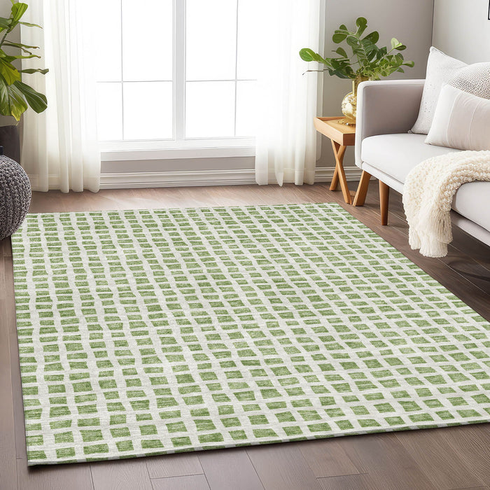 10' X 14' Geometric Washable Area Rug Polyester With UV Protection - Artichoke Green And Ivory