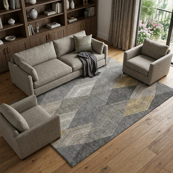10' X 14' Geometric Washable Area Rug With UV Protection (676218) - Pewter / Gold / Ivory