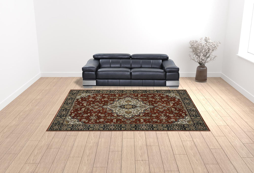 10' x 13' Oriental Power Loom Stain Resistant Area Rug With Fringe - Red Ivory Blue Navy Gold And Gray