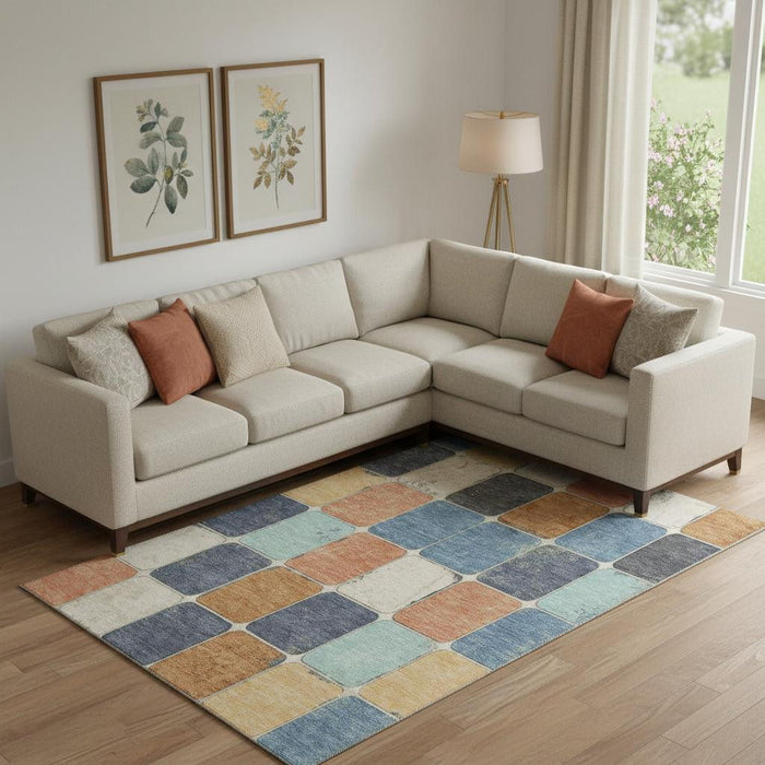10' X 14' Geometric Washable Area Rug With UV Protection (709132) - Rust / Blue / Ivory