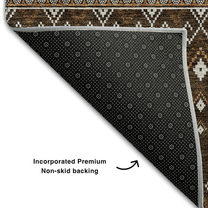 10' X 14' Tribal Washable Area Rug With UV Protection (657107) - Chocolate / Ivory