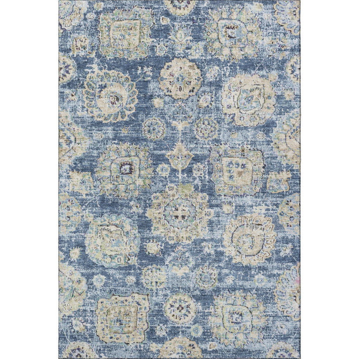 9' X 12' Floral Washable Area Rug With UV Protection (653187) - Blue / Ivory / Gold