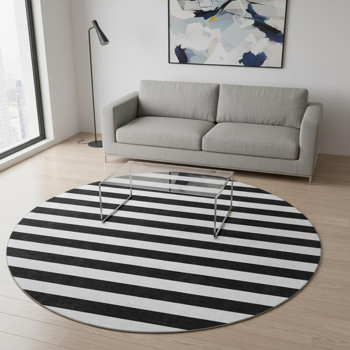 8' Striped Washable Round Rug With UV Protection (647563) - Black / Ivory