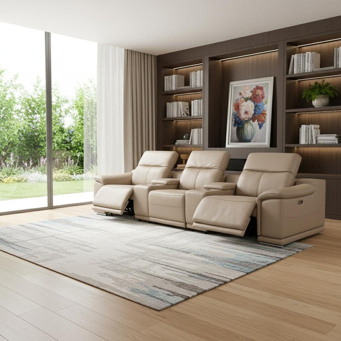 134" Leather Reclining USB Sofa - Beige