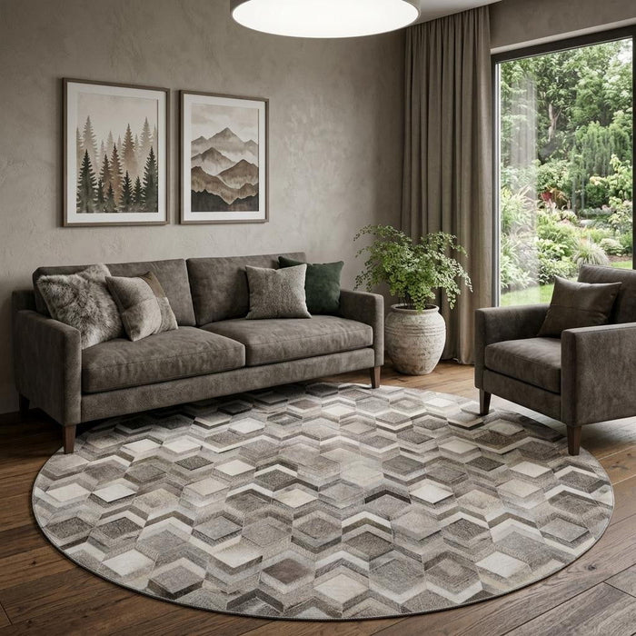 8' Geometric Washable Round Rug With UV Protection (644685) - Gray / Ivory / Black