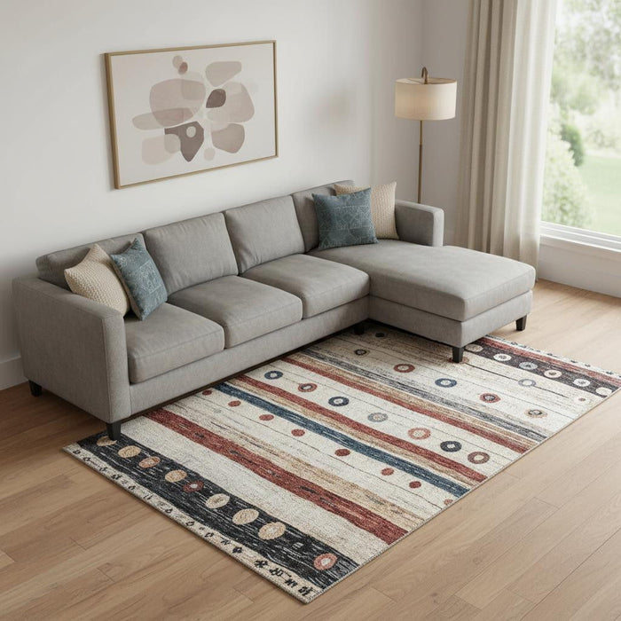 10' X 14' Striped Washable Area Rug With UV Protection (709558) - Beige / Rust / Navy Blue