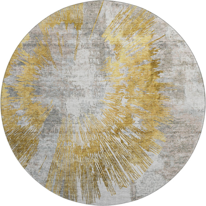 8' Abstract Washable Round Rug With UV Protection - Gold / Gray
