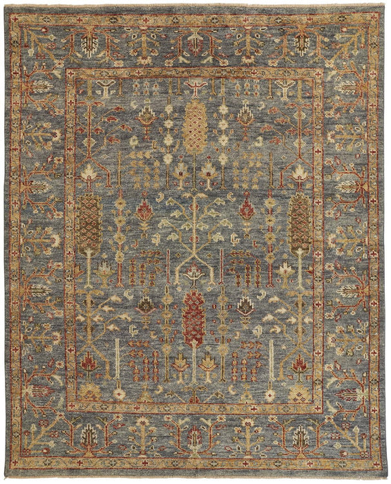 9.5' x 13.5' Wool Floral Hand Knotted Stain Resistant Area Rug With Fringe - Gray Gold And Red