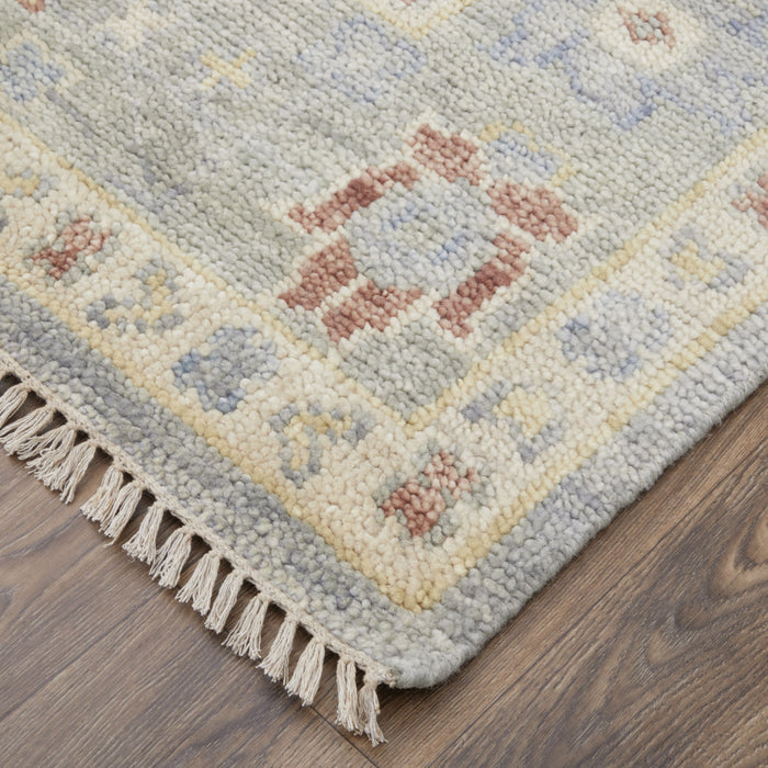 10' Wool Floral Hand Knotted Runner Rug With Fringe - Light Blue And Taupe