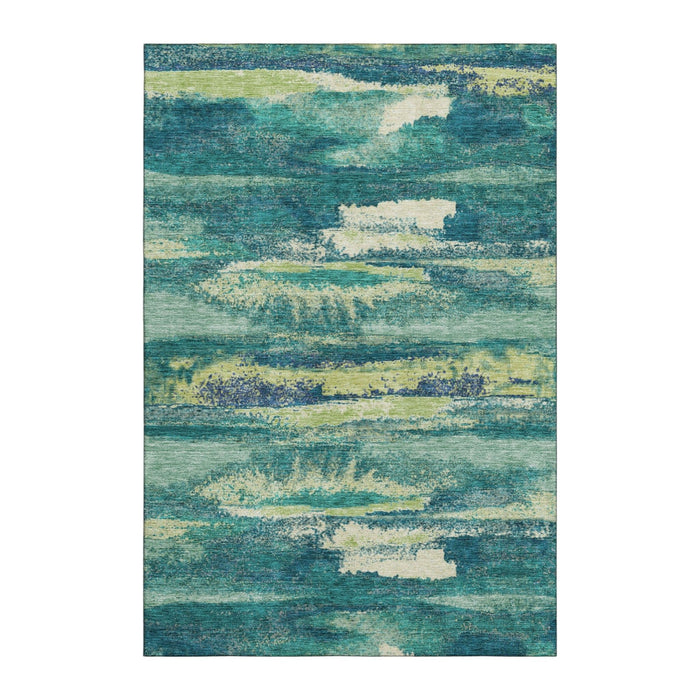 10' X 14' Abstract Washable Area Rug With UV Protection (675000) - Emerald / Ivory / Teal