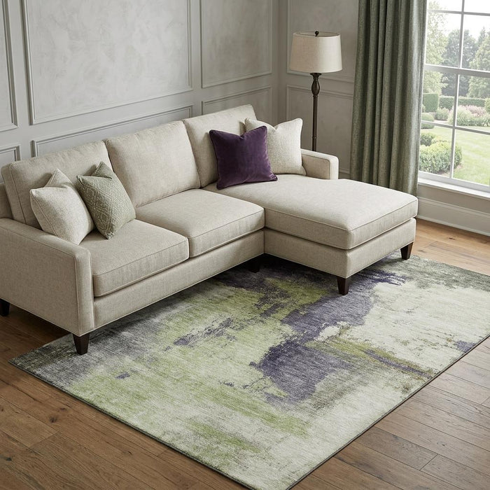 10' X 14' Abstract Washable Area Rug With UV Protection (683524) - Fern Green / Gray / Ivory