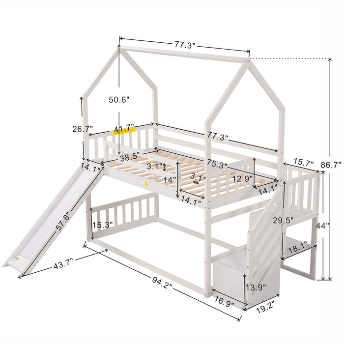 Giga twin over twin house bunk bed with convertible slide, storage staircase, and safety rails in a child's bedroom.
