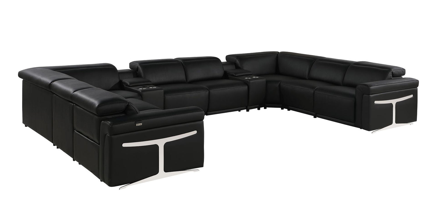 Italian Leather Power Reclining U Shaped Ten Piece Corner Sectional With Console - Black